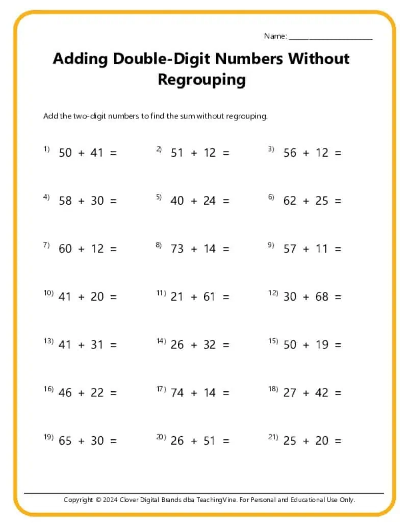 double digit addition no regrouping worksheets