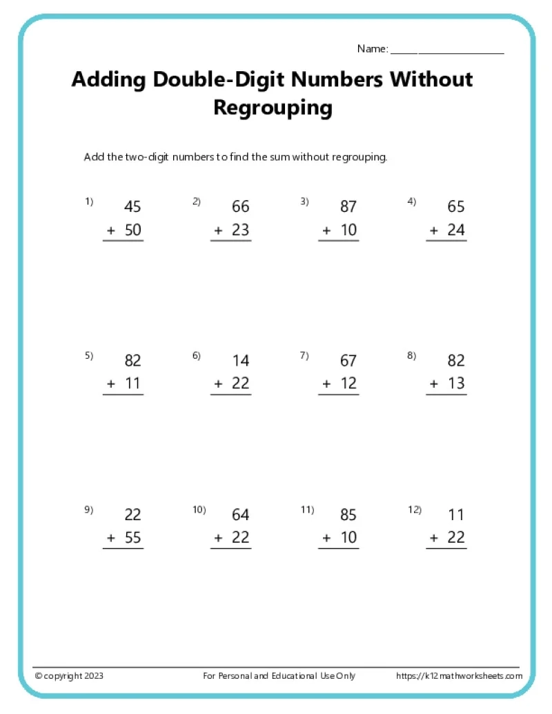 Double Digit Addition Without Regrouping Worksheets