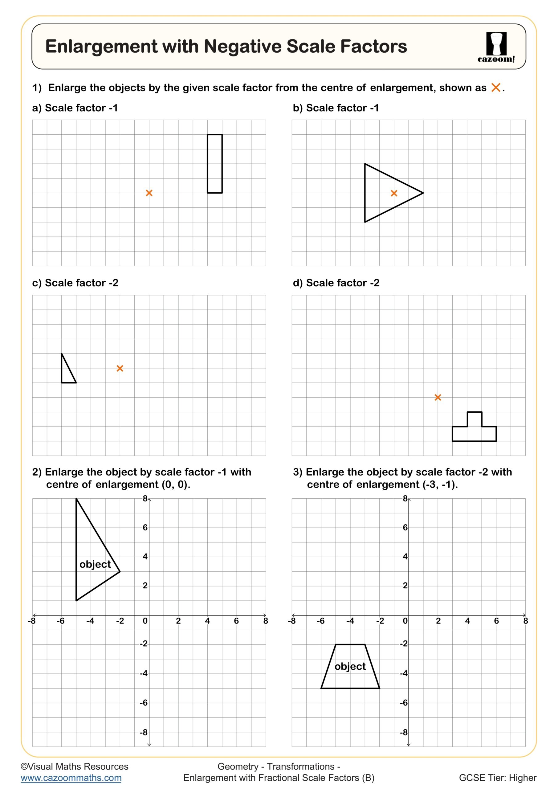 Enlargement With Negative Scale Factors Worksheet Printable PDF Year 10 And Year 11 Geometry Worksheet