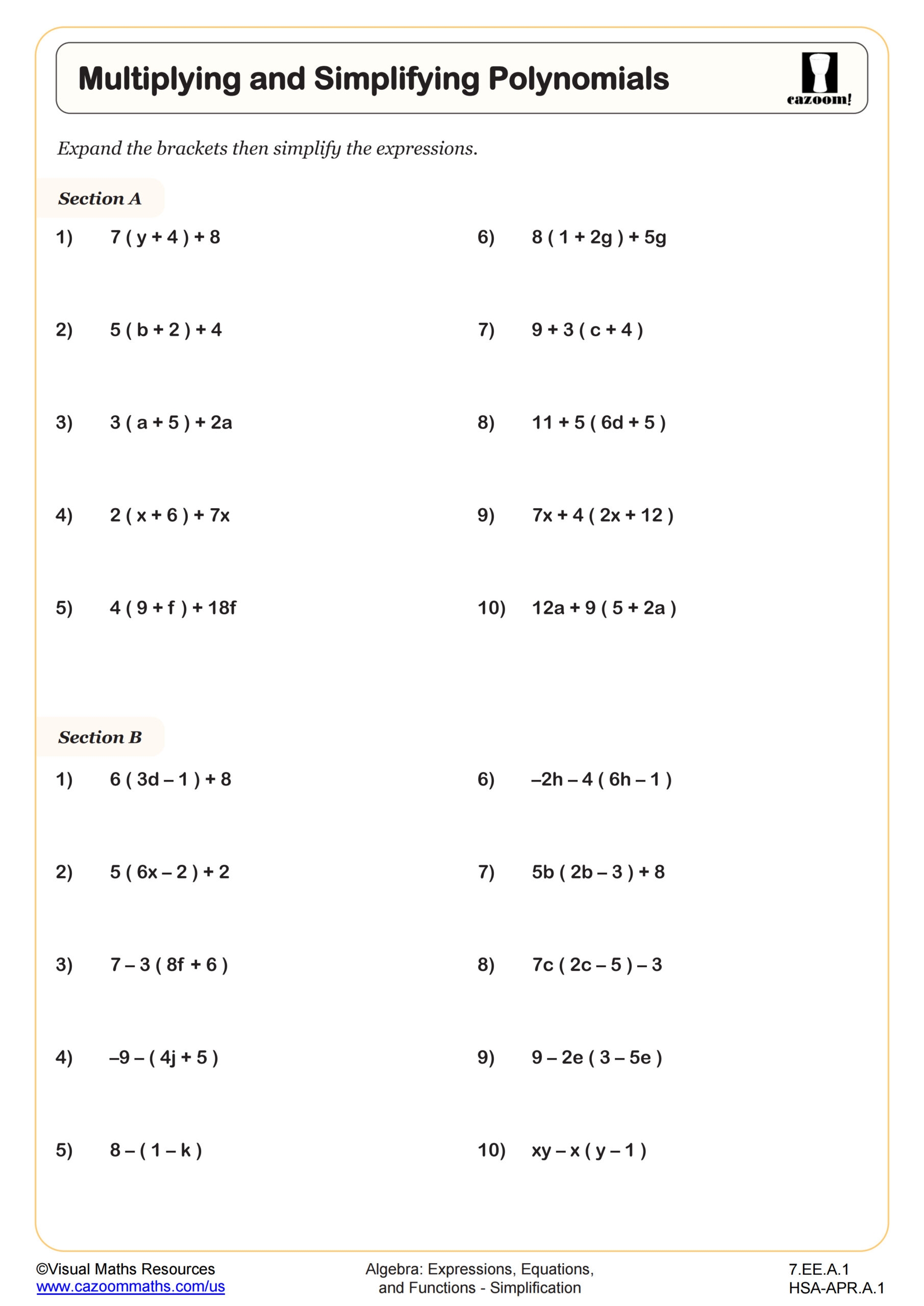 Multiplying And Simplifying Polynomials Worksheet 7th Grade PDF Worksheets