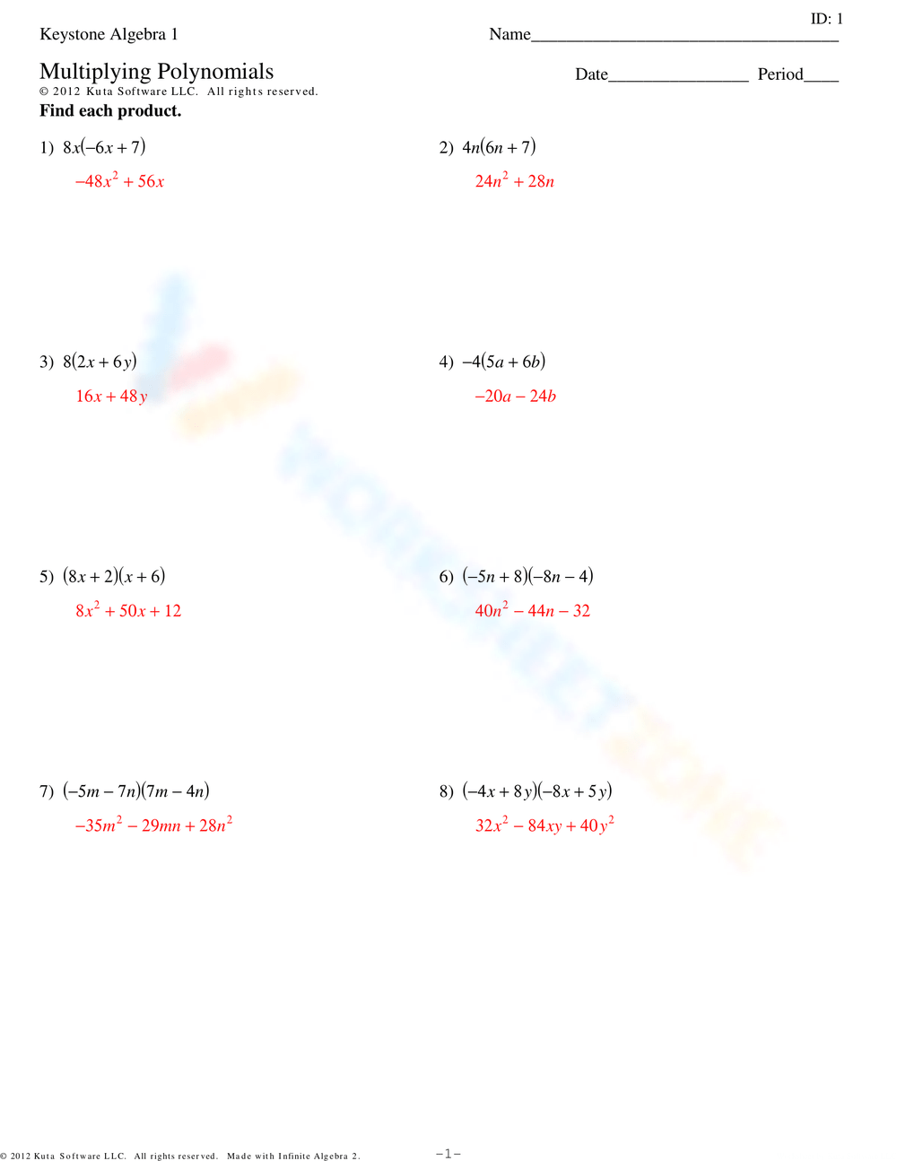Multiplying Polynomials With Key Practice Worksheets