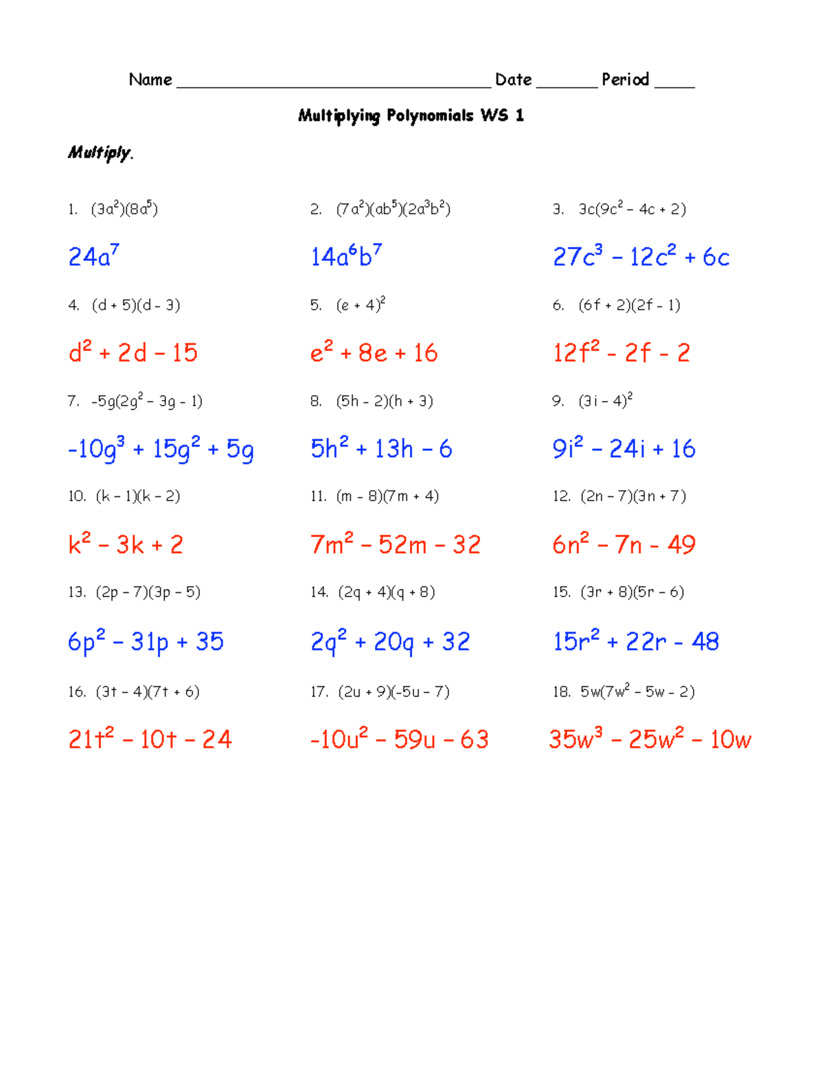 Multiplying Polynomials Worksheet 1 Solutions Studocu