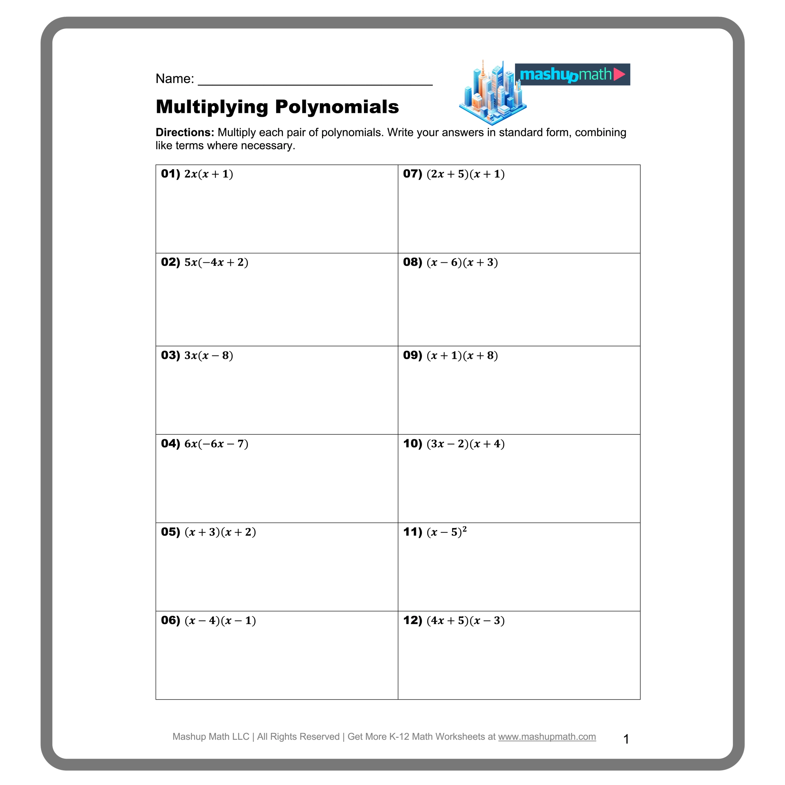 Multiplying Polynomials Worksheets Printable With Answers Mashup Math