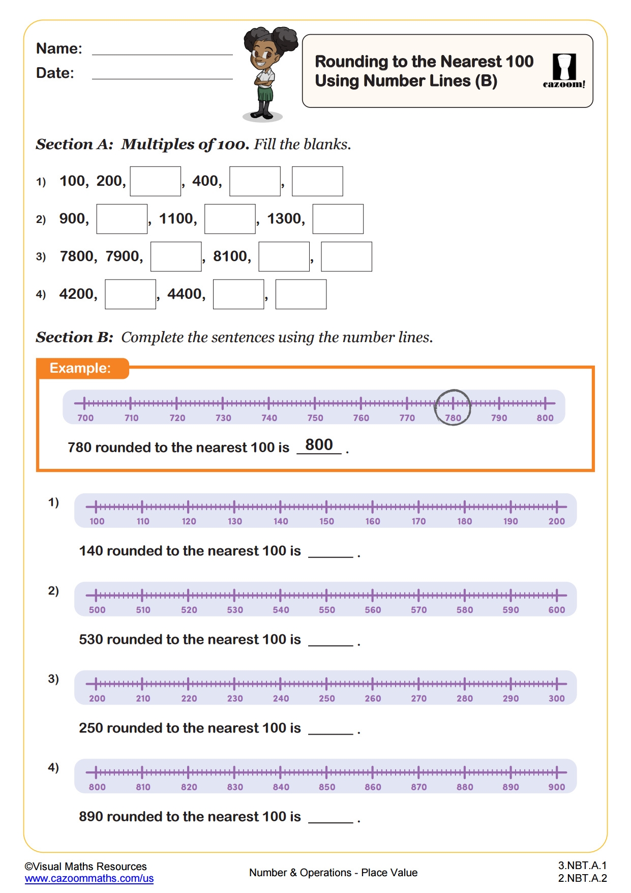 Rounding Numbers To The Nearest 100 Using Number Lines B PDF Printable Number And Operations Worksheets