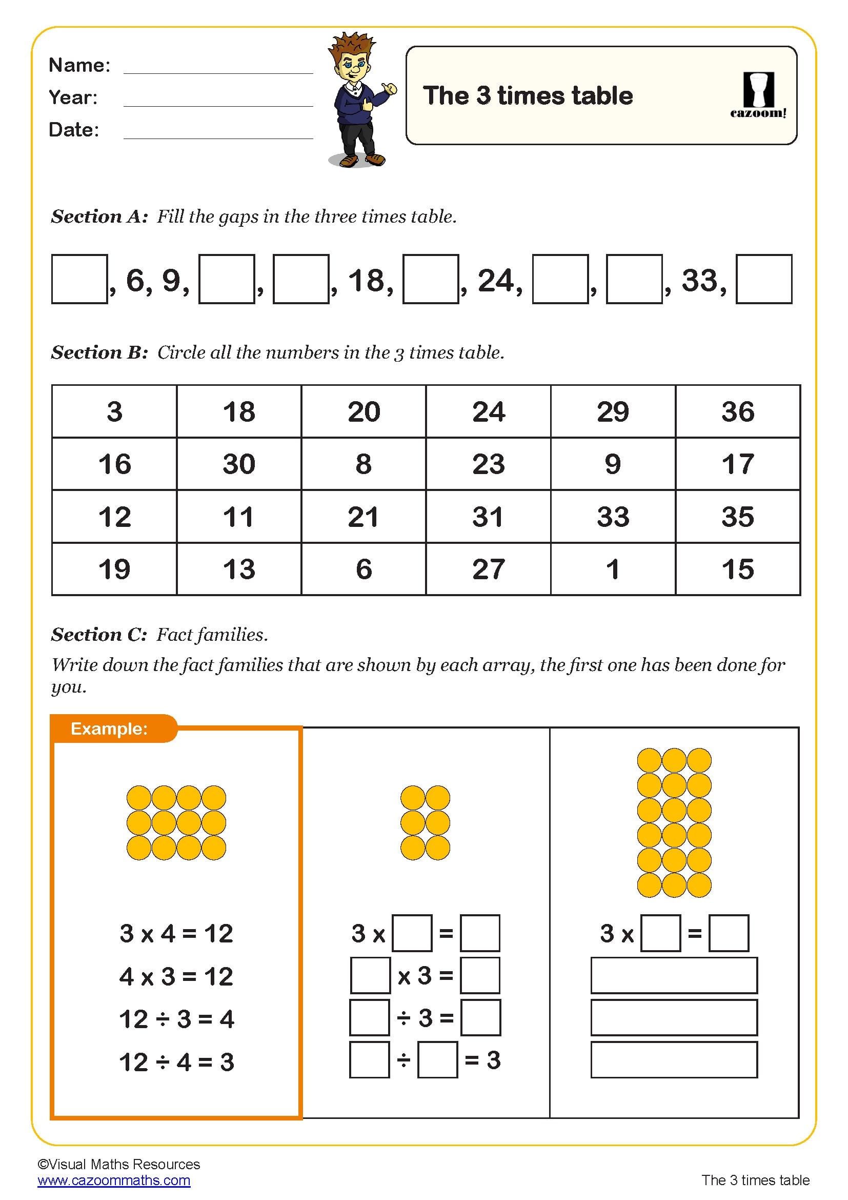 three times table worksheet
